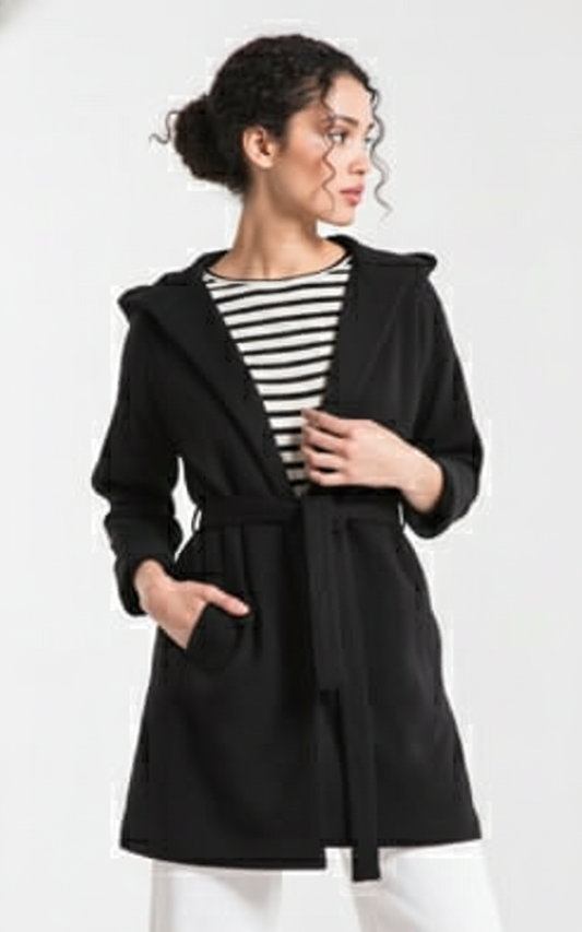 Black hooded fleece coatigan styled for casual everyday wear