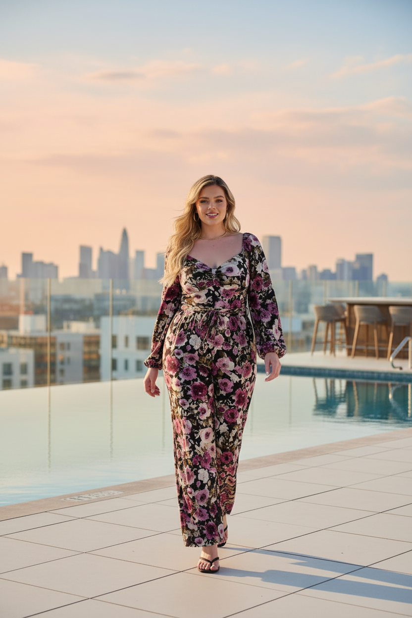 Plus size black floral wide leg jumpsuit hotel rooftop lifestyle editorial – curvy women's jumpsuit
