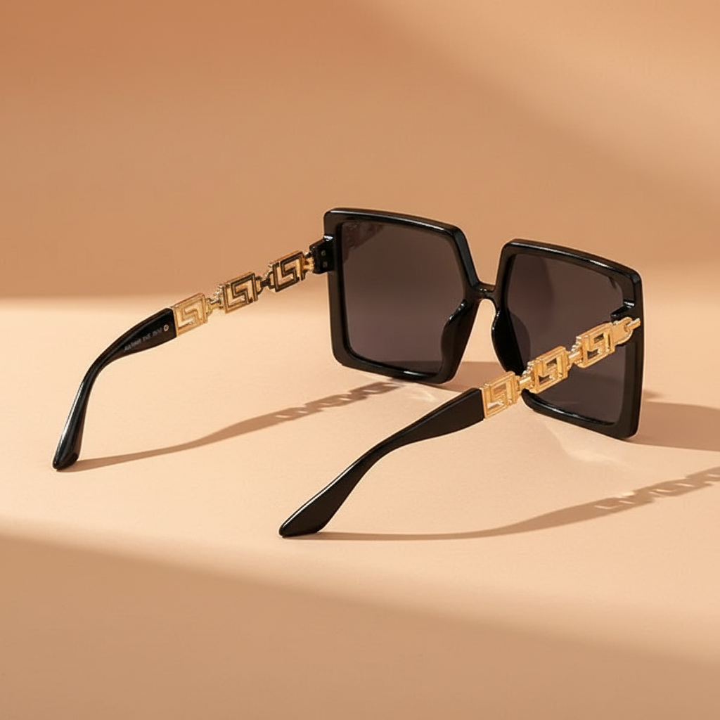 Black square sunglasses with gold Greek key temple detail shown from back angle on warm beige background - luxury eyewear photography