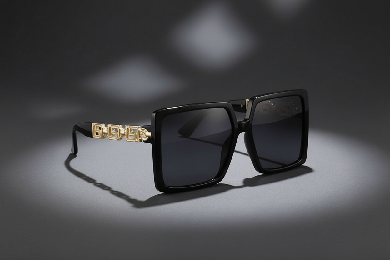 Black oversized square sunglasses with gold Greek key temple detail - luxury designer eyewear product photography