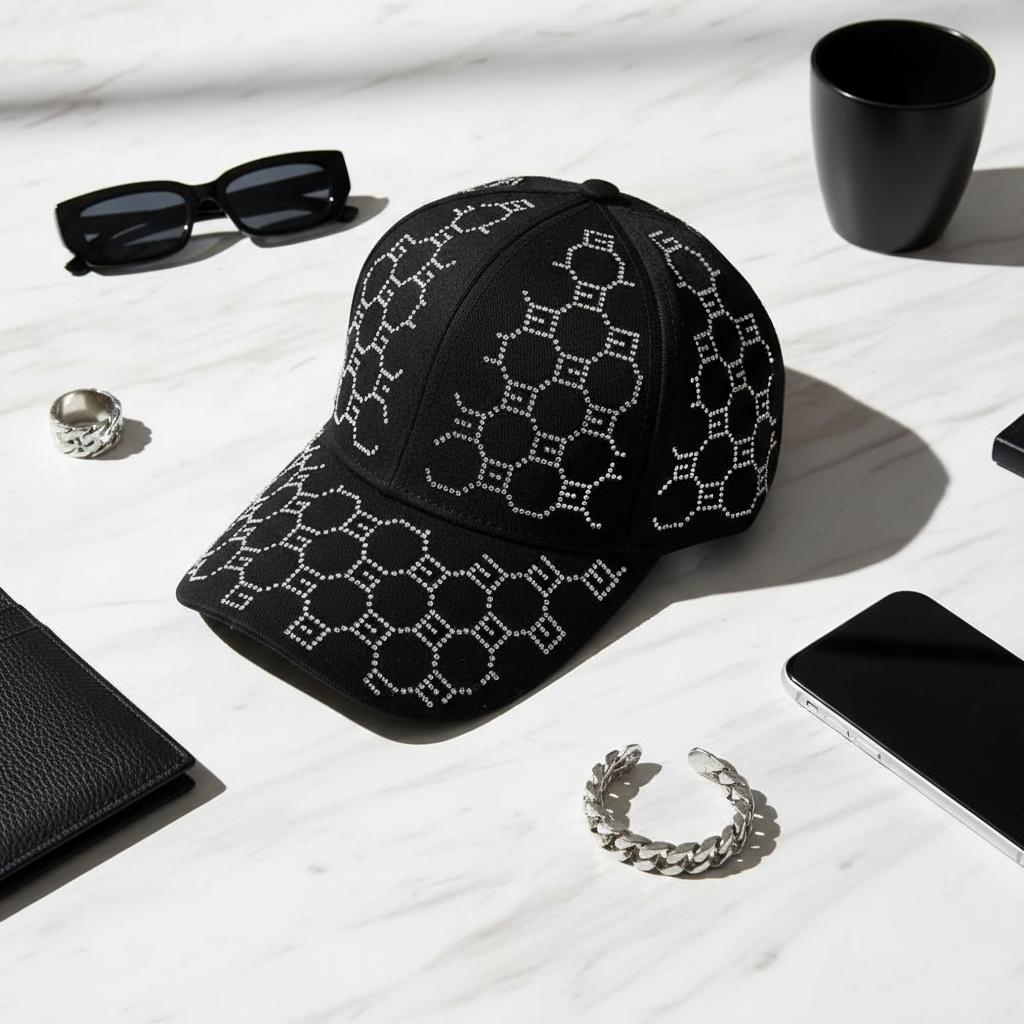 Black baseball cap with silver rhinestone circle pattern on marble with sunglasses and accessories