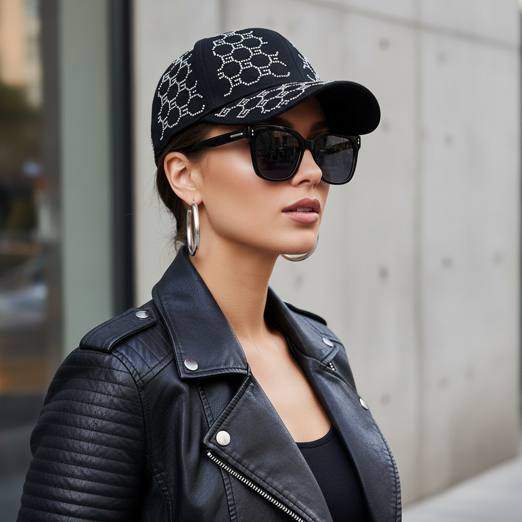 Woman wearing black baseball cap with silver rhinestone circle pattern and casual chic styling