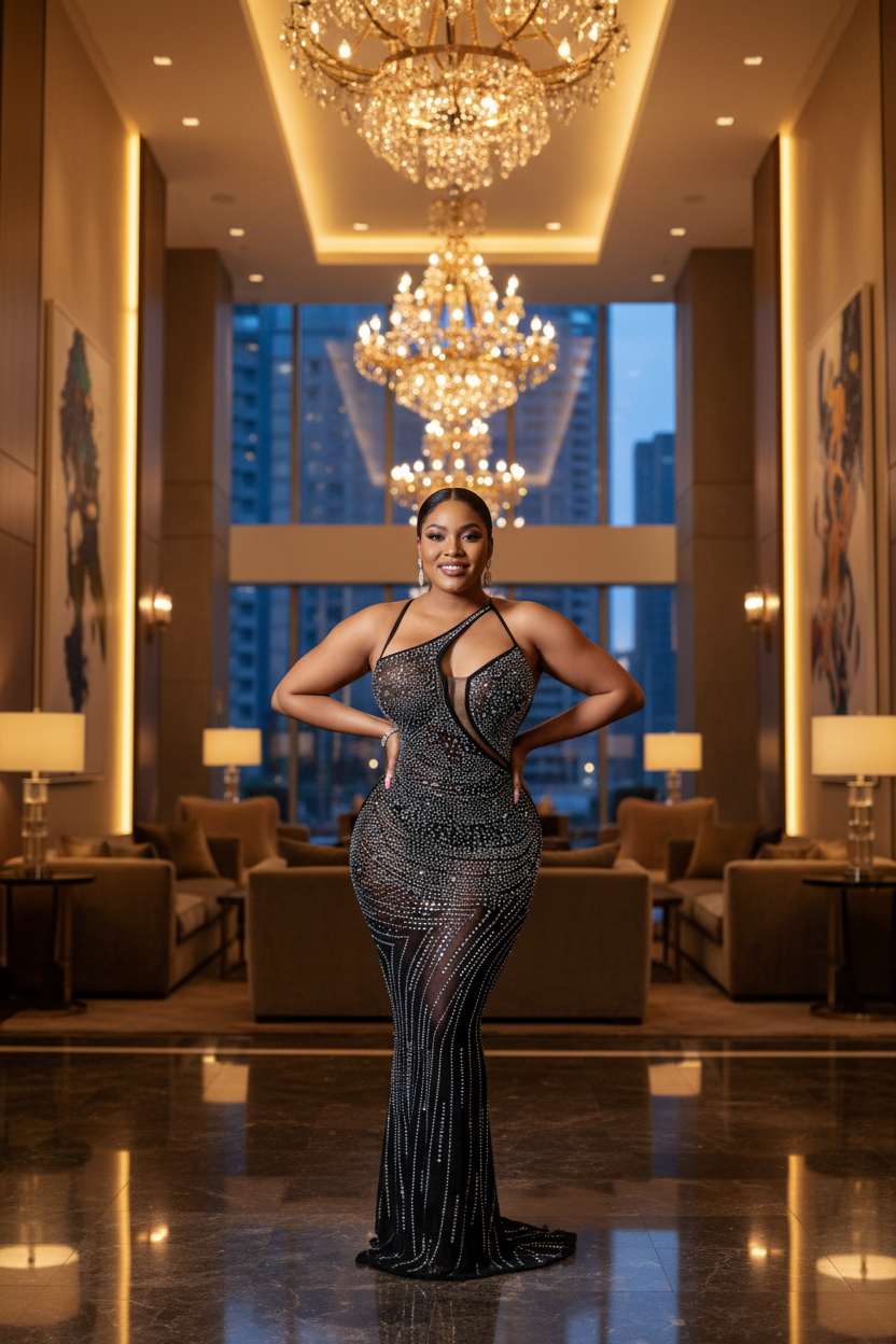 `Black iridescent rhinestone mesh gown editorial – asymmetric one-shoulder neckline and cut-out waist on floor-length bodycon mermaid gown in upscale setting`