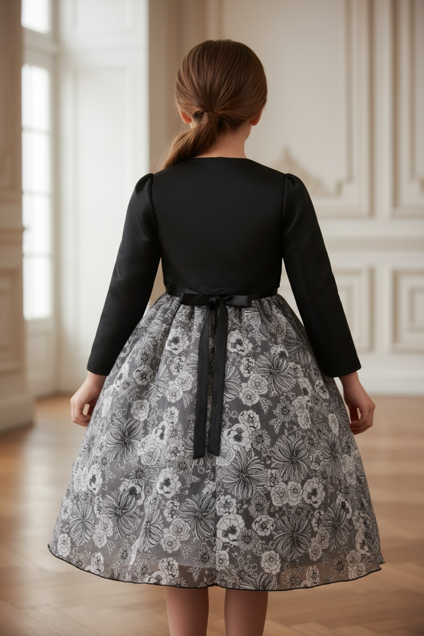 Young girl size 4 wearing black satin bolero jacket - back view showing cropped length and styling
