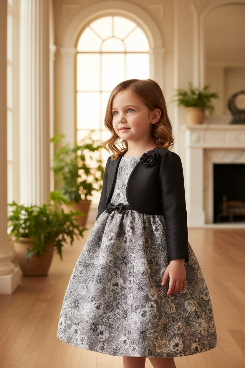 Young girl size 4 wearing black satin long sleeve bolero jacket over dress in elegant indoor setting
