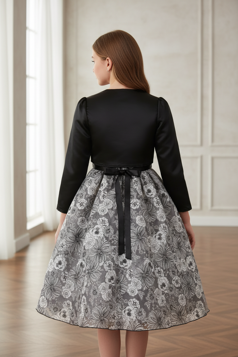 Black satin bolero with chic dress - back view