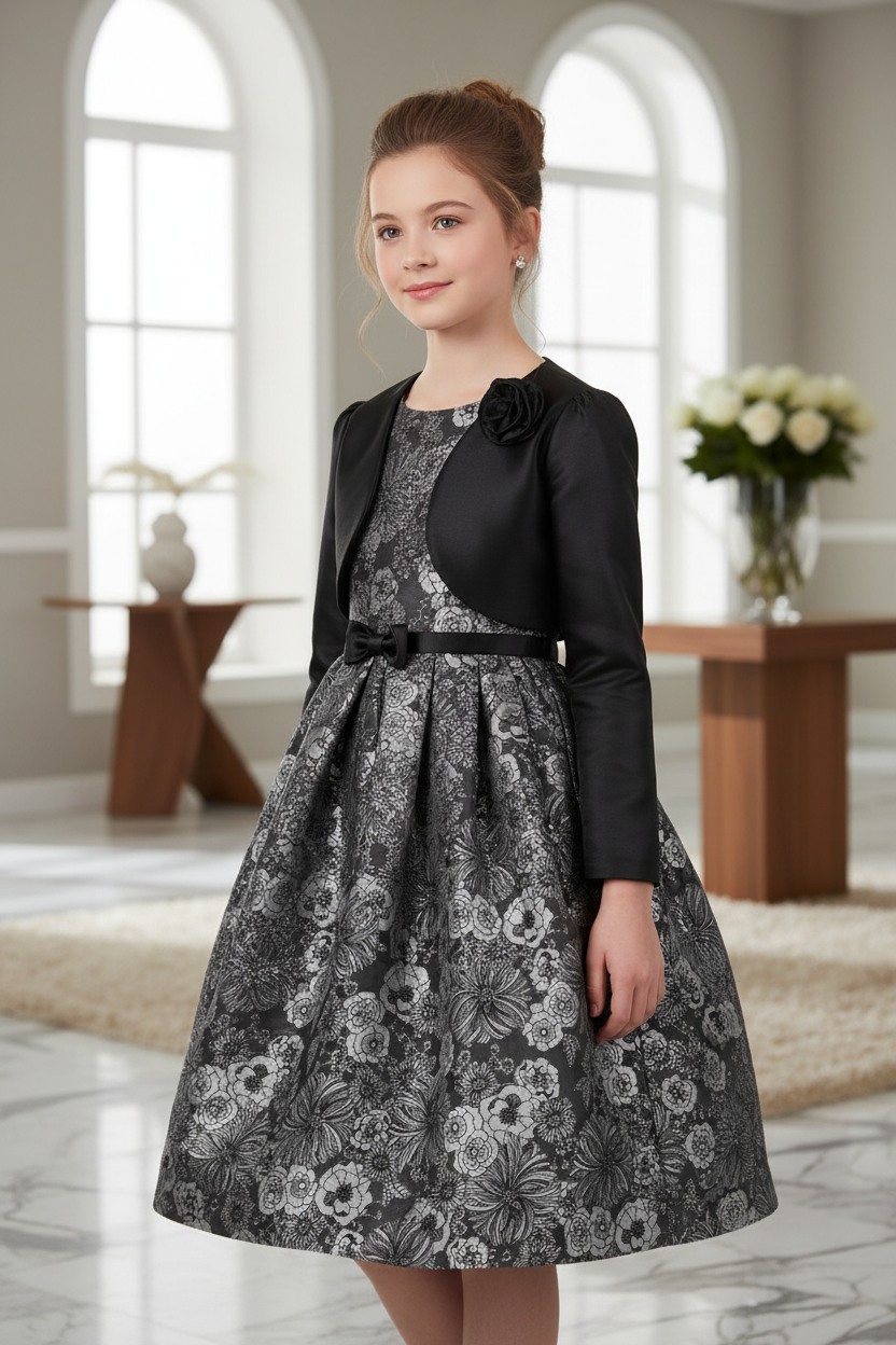 Black satin bolero with chic dress - front view