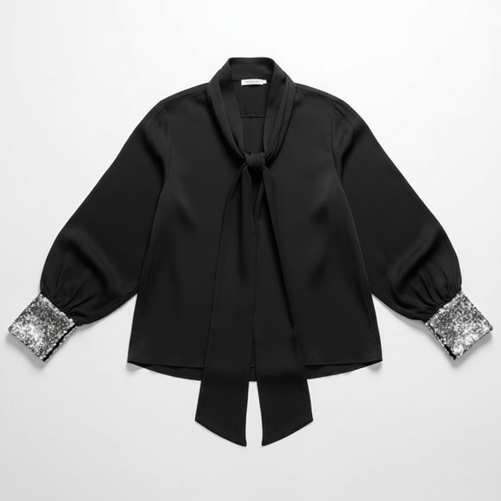 Black sequin cuff tie blouse flat lay - front view with natural sleeve placement