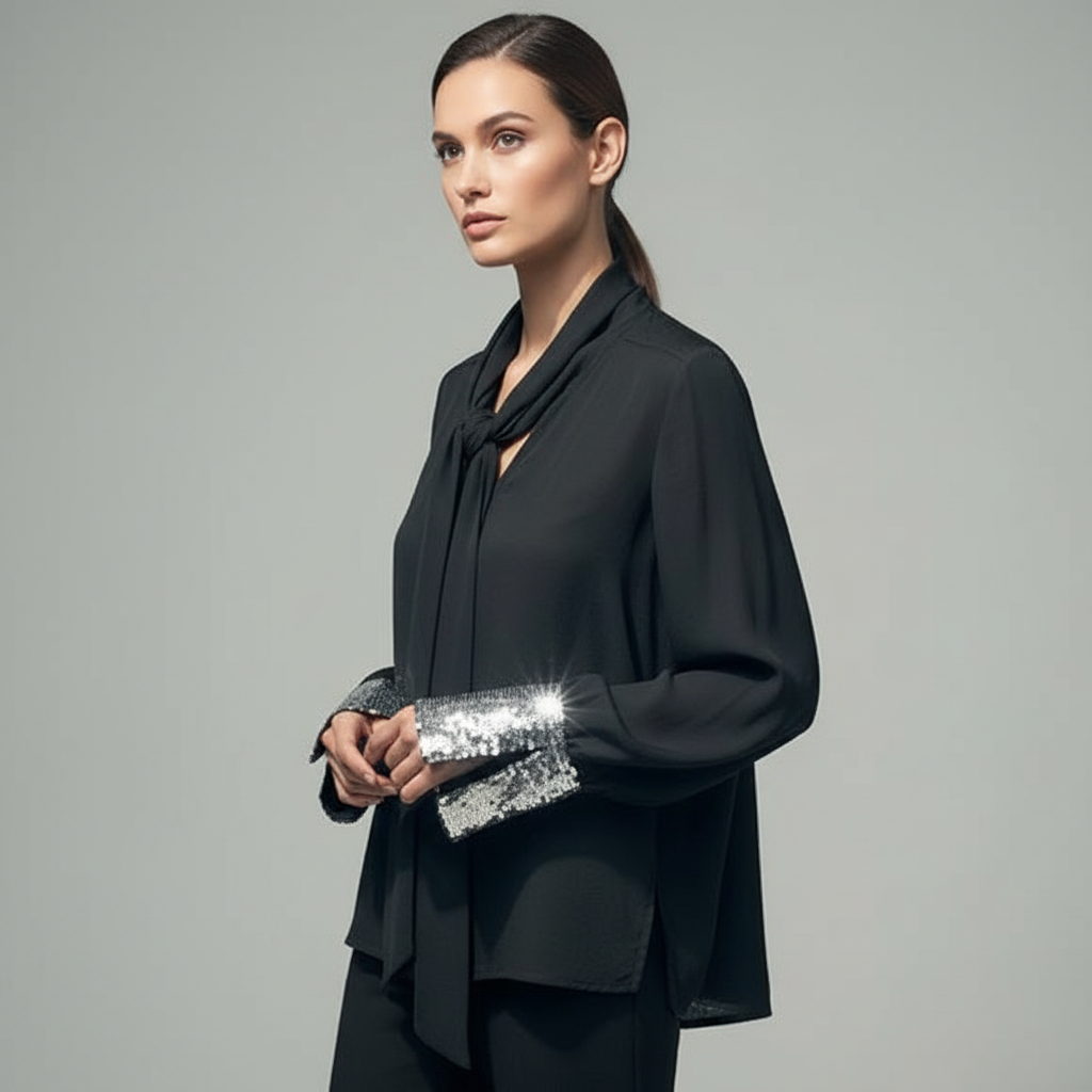 Professional studio photograph of model wearing black sequin cuff tie blouse.