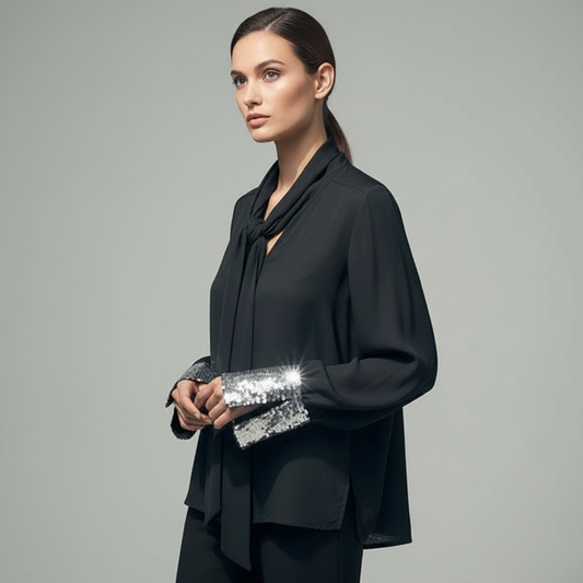 Professional studio photograph of model wearing black sequin cuff tie blouse.