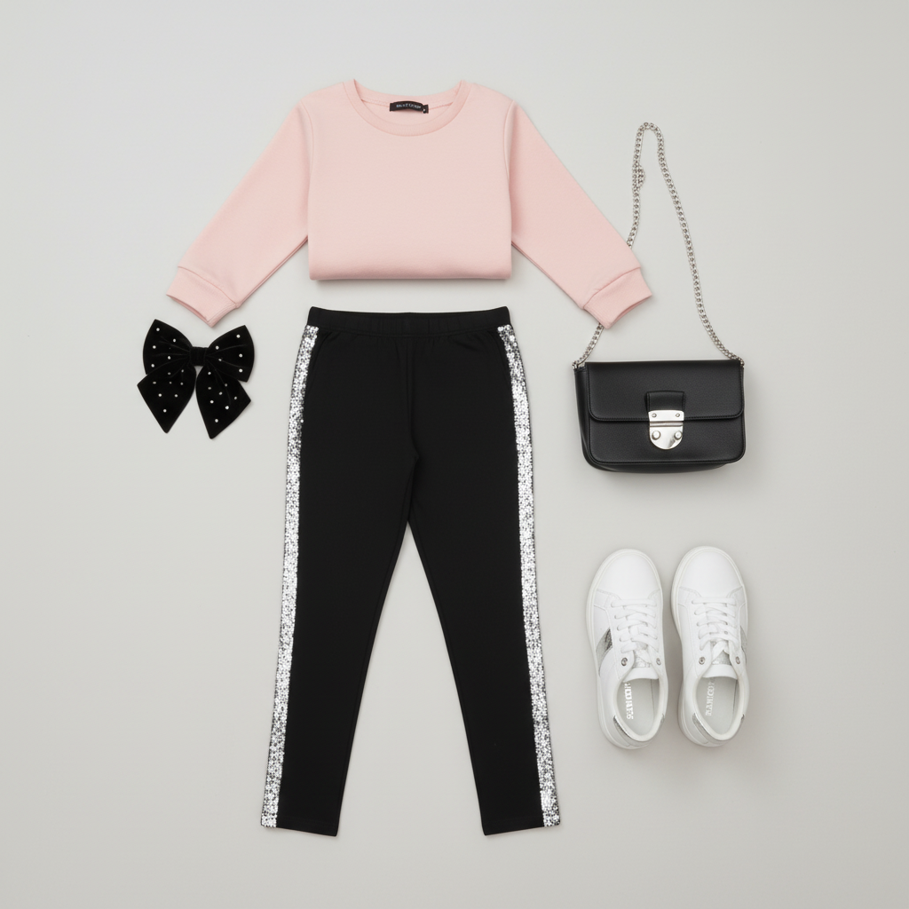 Black leggings with silver sequin stripes styled with pink sweatshirt in flat lay composition with coordinating accessories