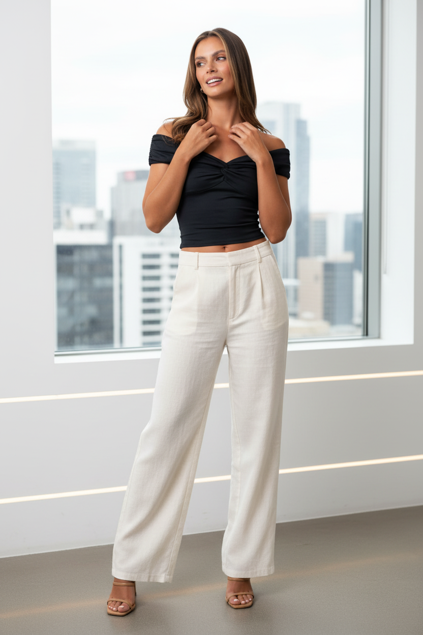Woman wearing black twist front off-shoulder crop top with wide-leg trousers and heeled mules – women's going out top styled for night out