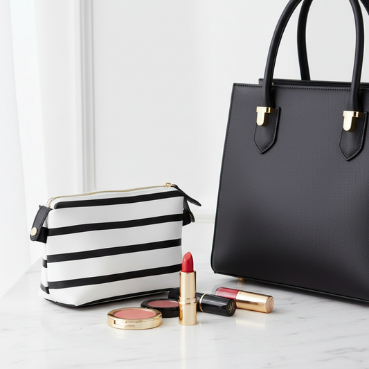 Black & White Striped Cosmetic Pouch with Makeup and Black Leather Tote