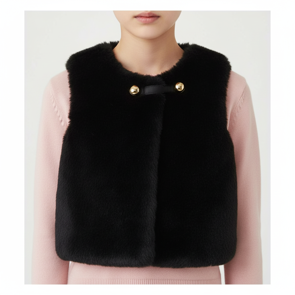 Black faux fur vest with gold button closure styled over pink outfit showing fitted proportions