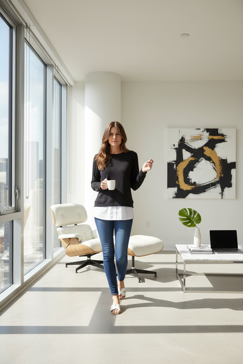 Black layered sweater outfit styled in sleek contemporary setting with clean lines and bright natural light