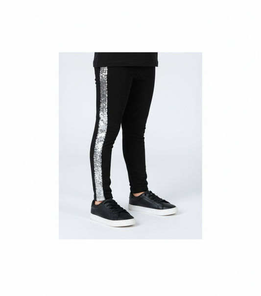 Black Leggings with Silver Sequin Stripe - Girls' Statement Leggings