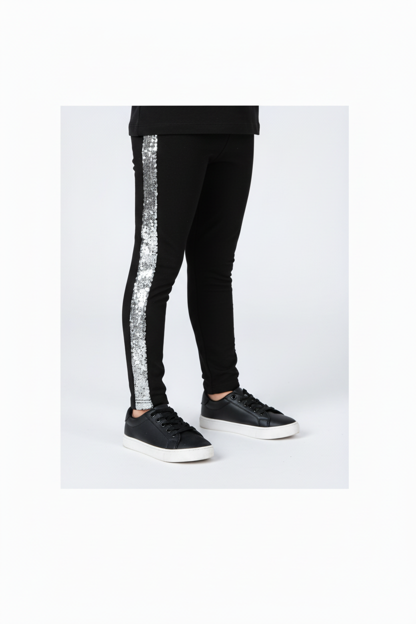 Black Leggings with Silver Sequin Stripe - Girls' Statement Leggings