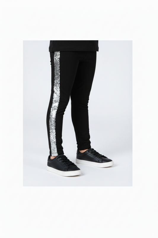 Black Leggings with Silver Sequin Stripe - Girls' Statement Leggings