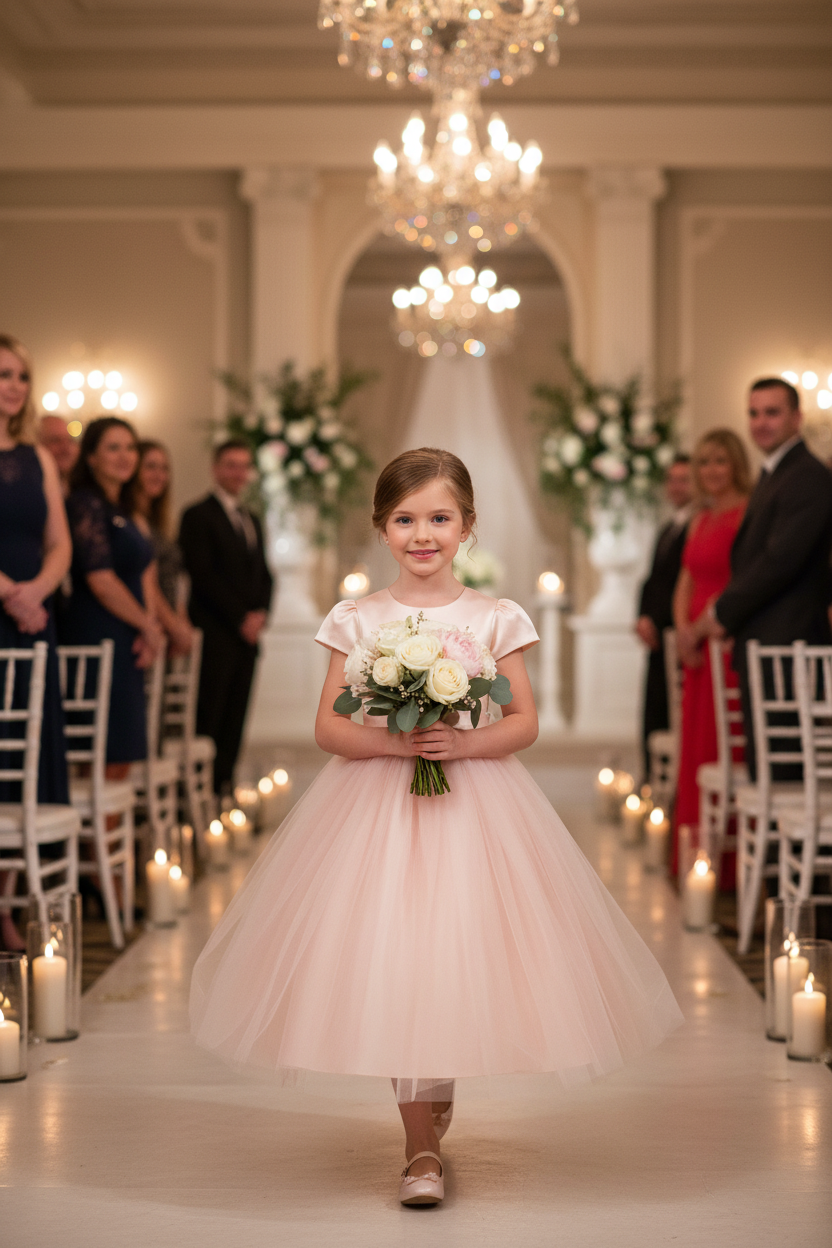 Young girl in blush pink flower girl dress walking down aisle at upscale wedding - premium flower girl dress lifestyle photography