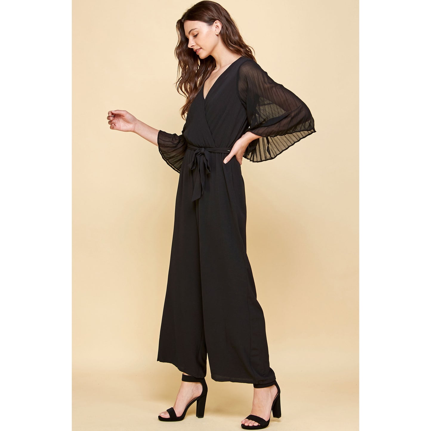 Woven V-Neck Chiffon Pleated Sleeves Jumpsuit