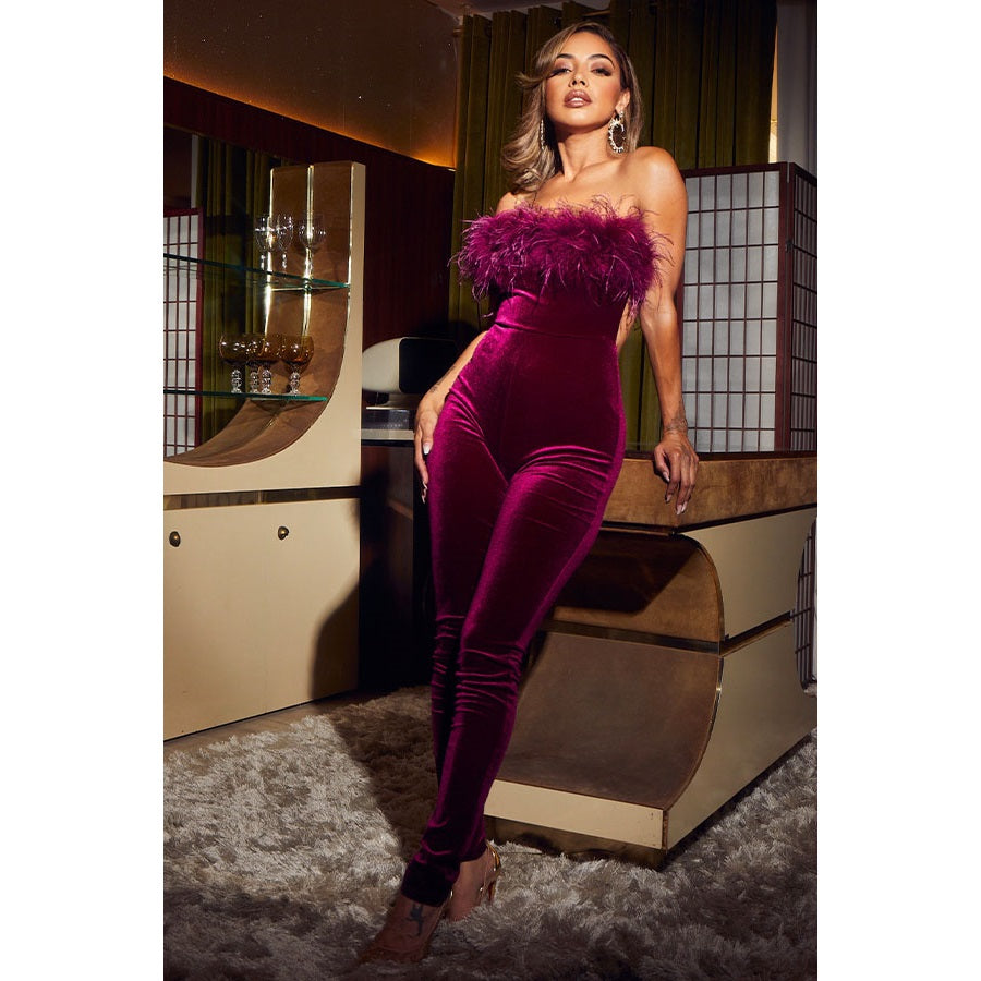 Black Strapless Feather Velvet Catsuit
