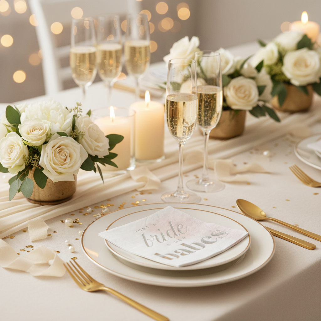 Bride & Her Babes Napkins Table Setting with Champagne Bubbles