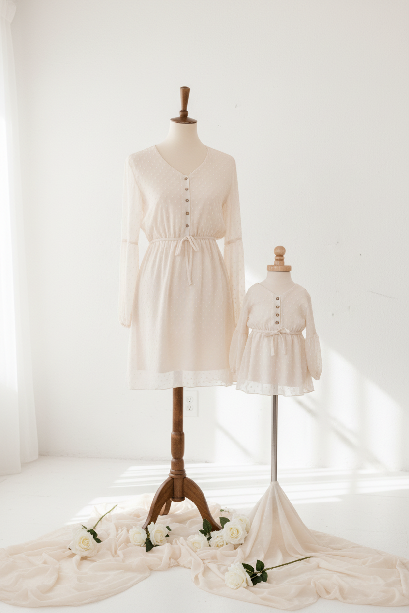 Bright luxury matching mother and daughter cream button-front dresses with tie waist on elegant dress forms, airy high-end boutique product photography with soft white backdrop



