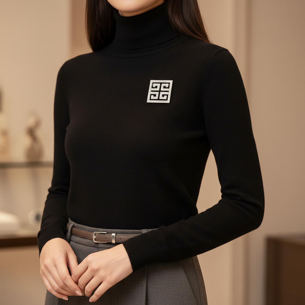 Silver-tone 50mm square Greek key brooch with clear rhinestone embellishments featuring geometric meander pattern, displayed on model wearing black top with close-up detail shot showing full brooch design