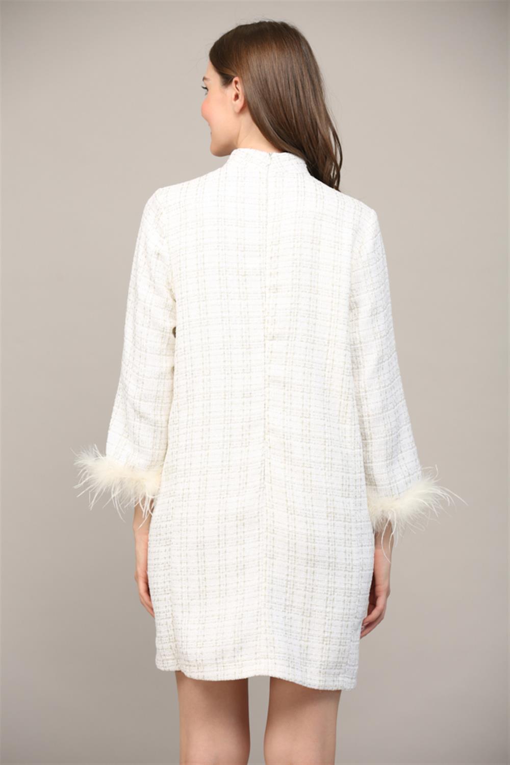 White Feather-Trim Tweed Shift Dress - Mock Neck Mini Dress with