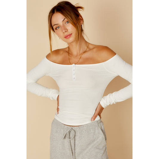 Off the Shoulder Long Sleeve Snap Button Top Ivory