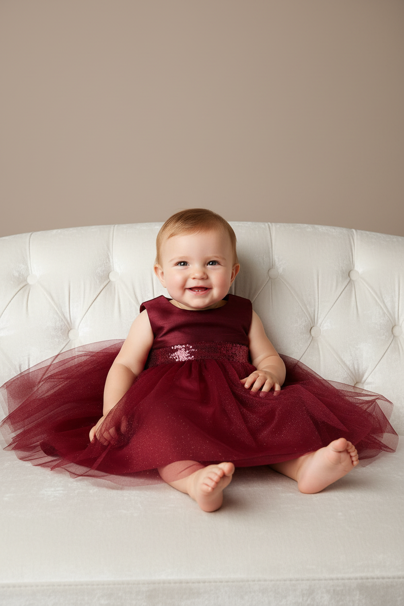 Burgundy Dress White Couch