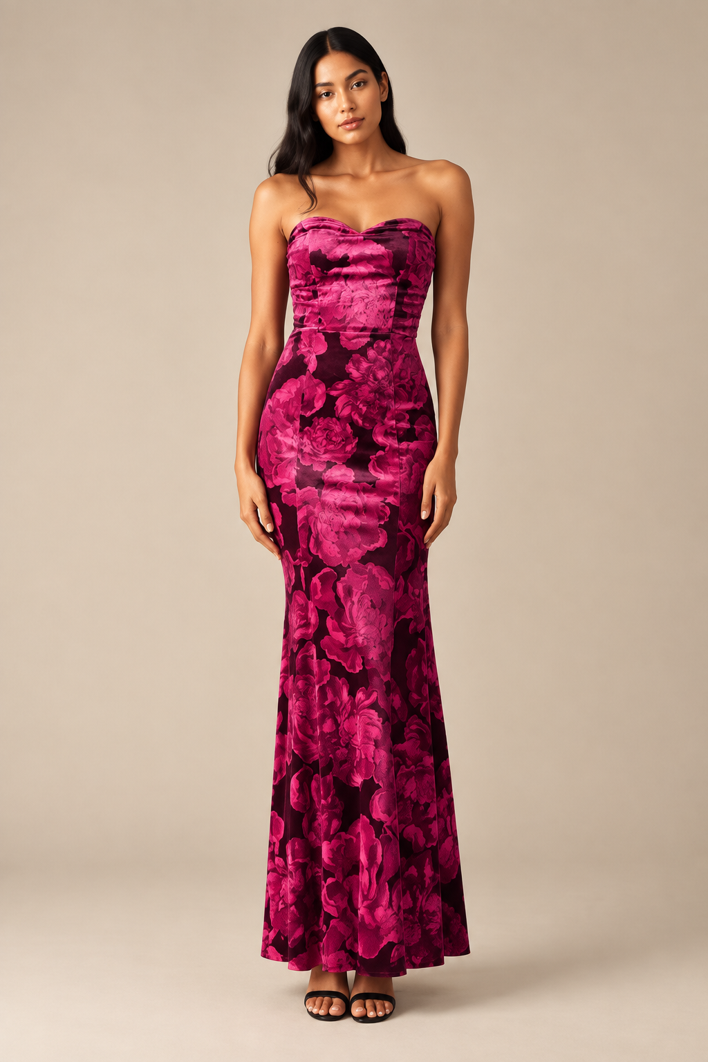 Burgundy burnout floral velvet strapless maxi dress with ruched sweetheart bodice and fitted floor-length silhouette
