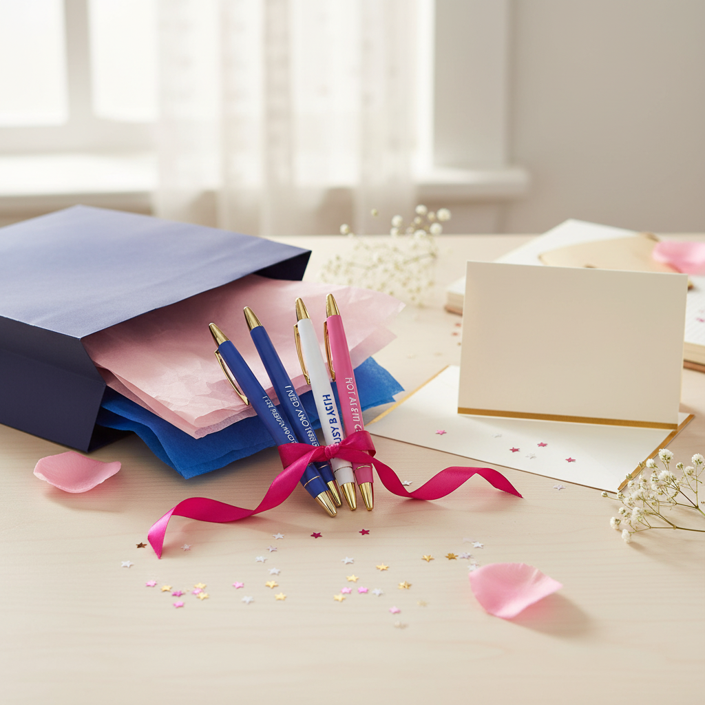 Busy Bitch pen set arranged as gift with wrapping paper and greeting card