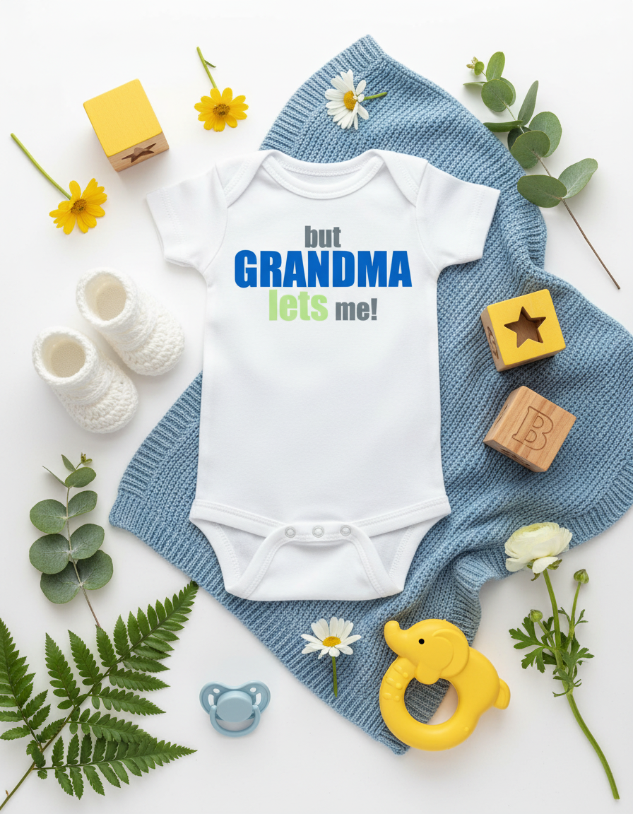 But Grandma Lets Me white baby onesie with blue and green text styled with yellow flowers, blue blanket, and green eucalyptus on white background