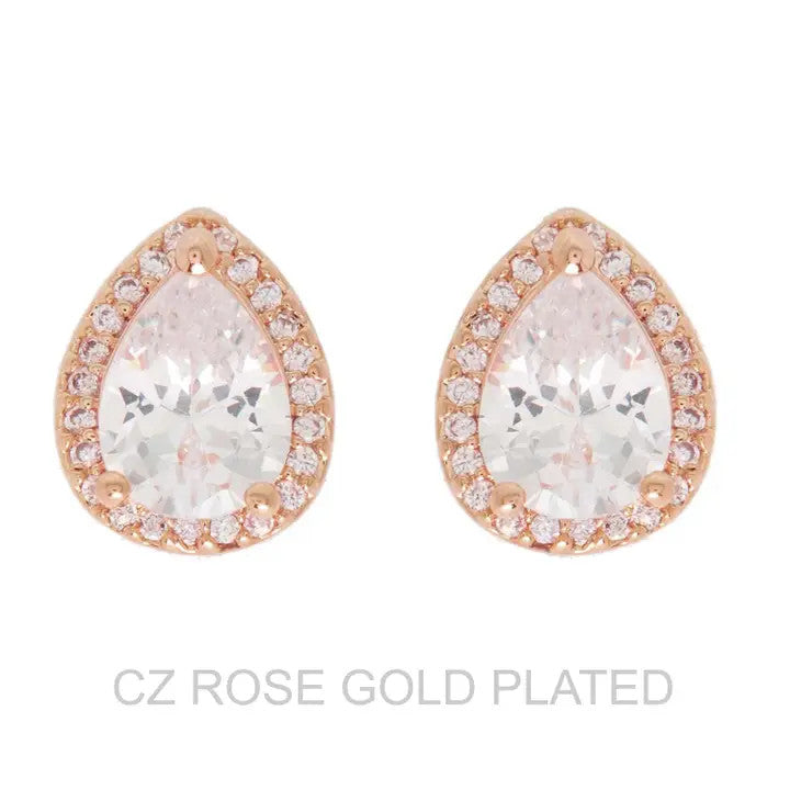 Gold Plated CZ Teardrop Halo Studs