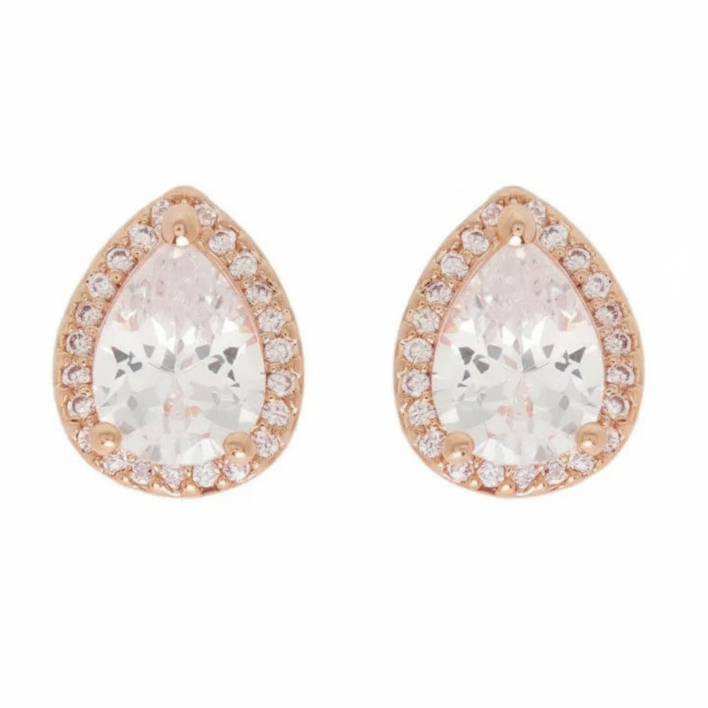 CZ Teardrop Halo Stud Earrings - Gold, Silver & Rose Gold Plated