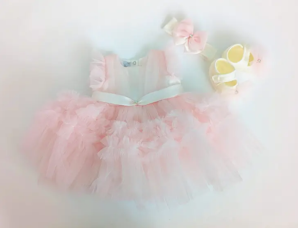 Infant Special Occasion Pink Tulle Ruffle Dress Set w/Headband & Booties
