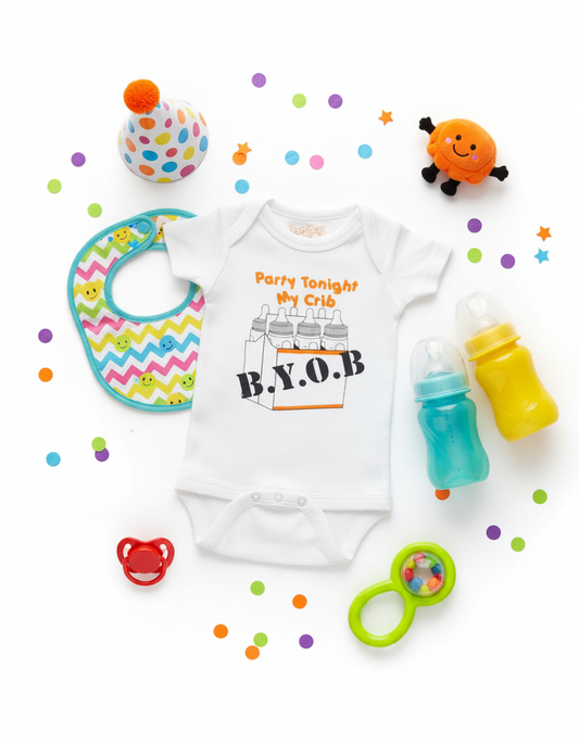 BYOB baby onesie with baby bottle graphics, styled with colorful bottles, party accessories, and playful props on white background