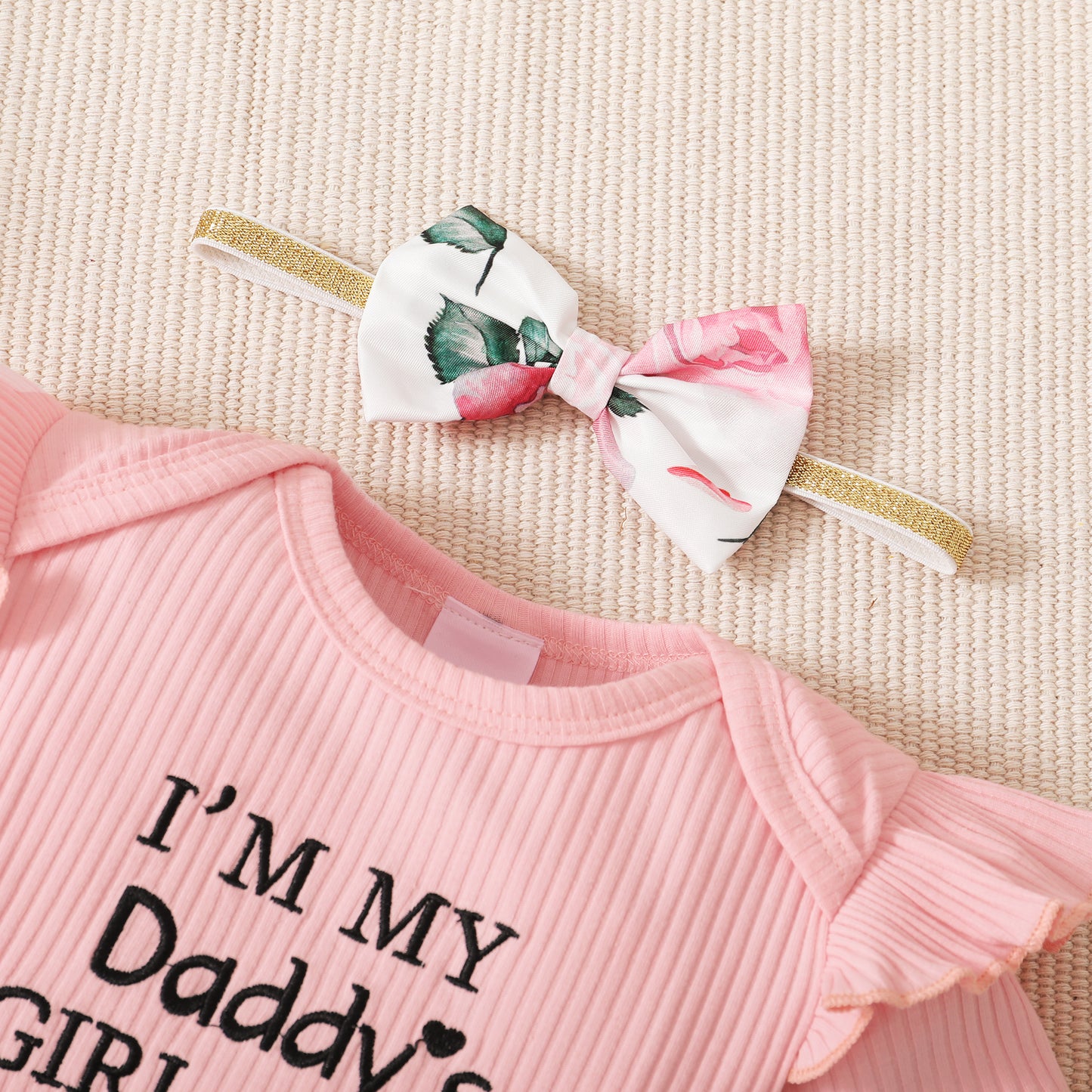 Ribbed 3pcs Letter Embroidery Short-sleeve Romper & Shorts
