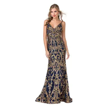 Navy and gold sequin gown with spaghetti straps - mermaid formal dress - prom gown