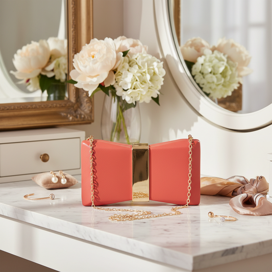 A red and gold clutch bag with a gold chain strap sits on a white marble vanity table, surrounded by decorative accessories, flowers, and mirrors in a styled interior setting.