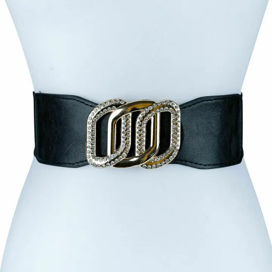 Triple Buckle Faux Leather Patch Stretch Belt