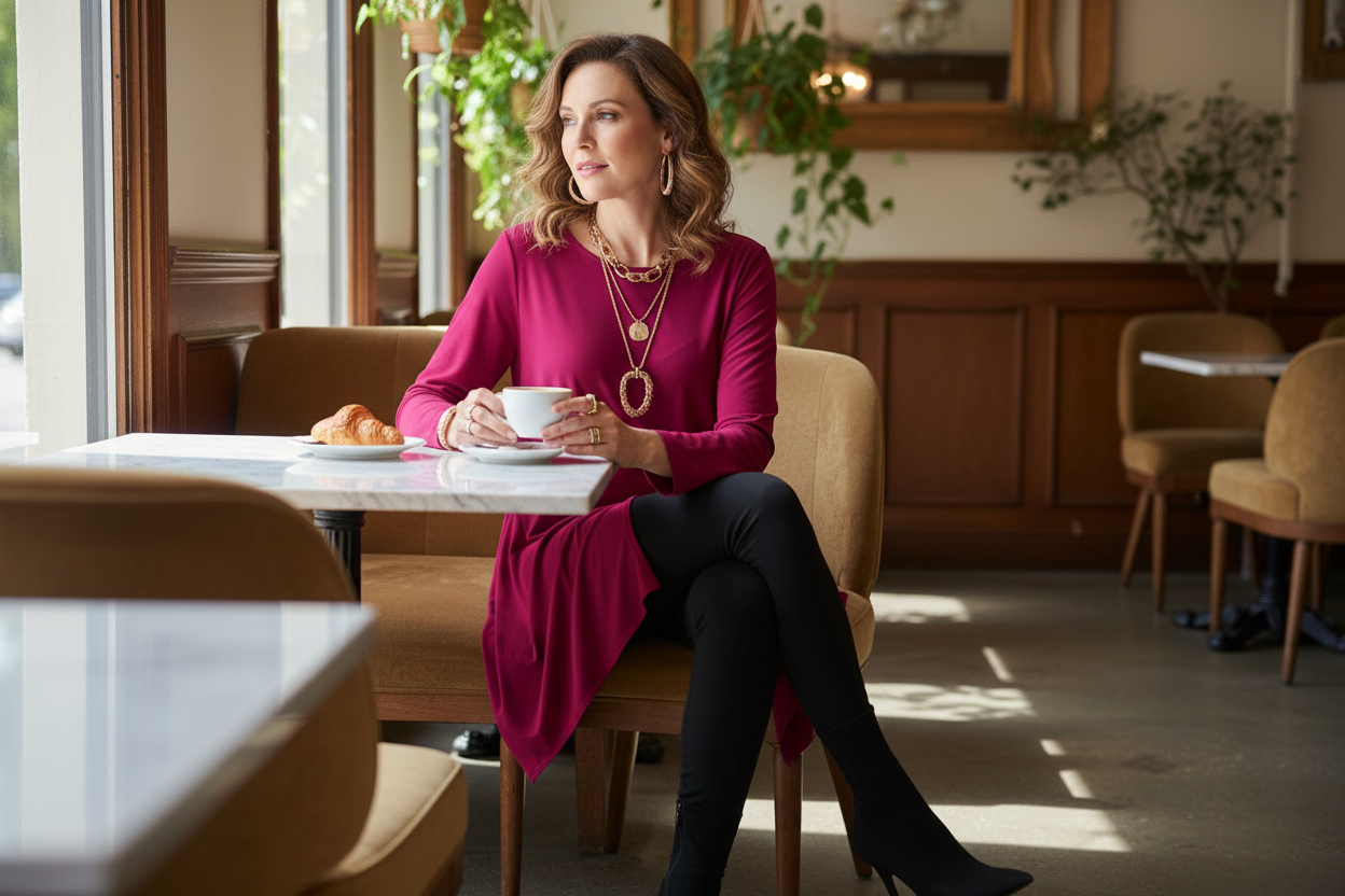 Woman wearing vibrant magenta asymmetric tunic with layered necklaces seated at elegant cafe with coffee and croissant, natural window light, sophisticated lifestyle styling