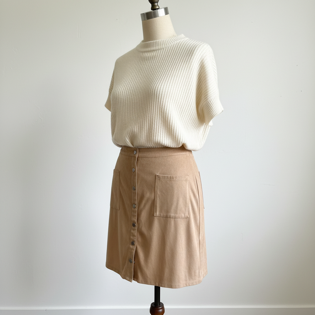 Camel faux suede skirt styled on dress form