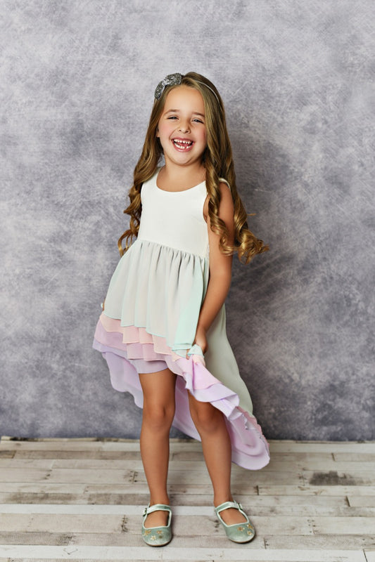 Girls' Hi-Lo Tiered Pastel Ombre Dress