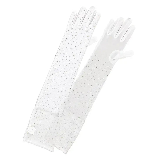 Narrow Mesh Rhinestone Above Elbow Length Gloves White