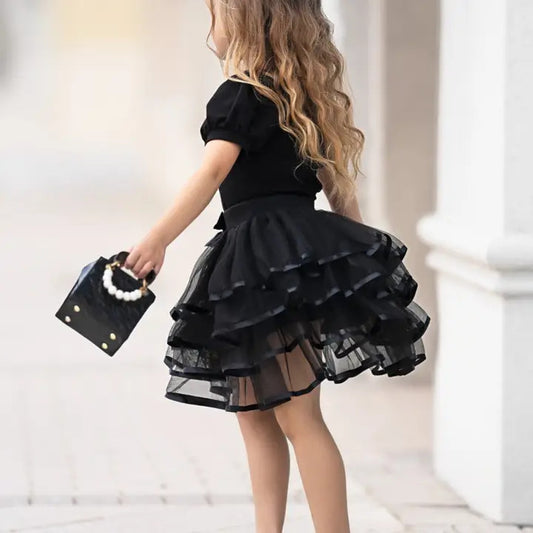 Girls' Tiered Skirt & Bow Top Set Black