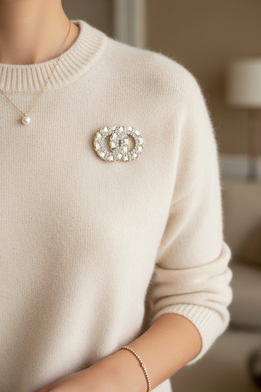 White and crystal CC brooch pinned on cream cashmere sweater
