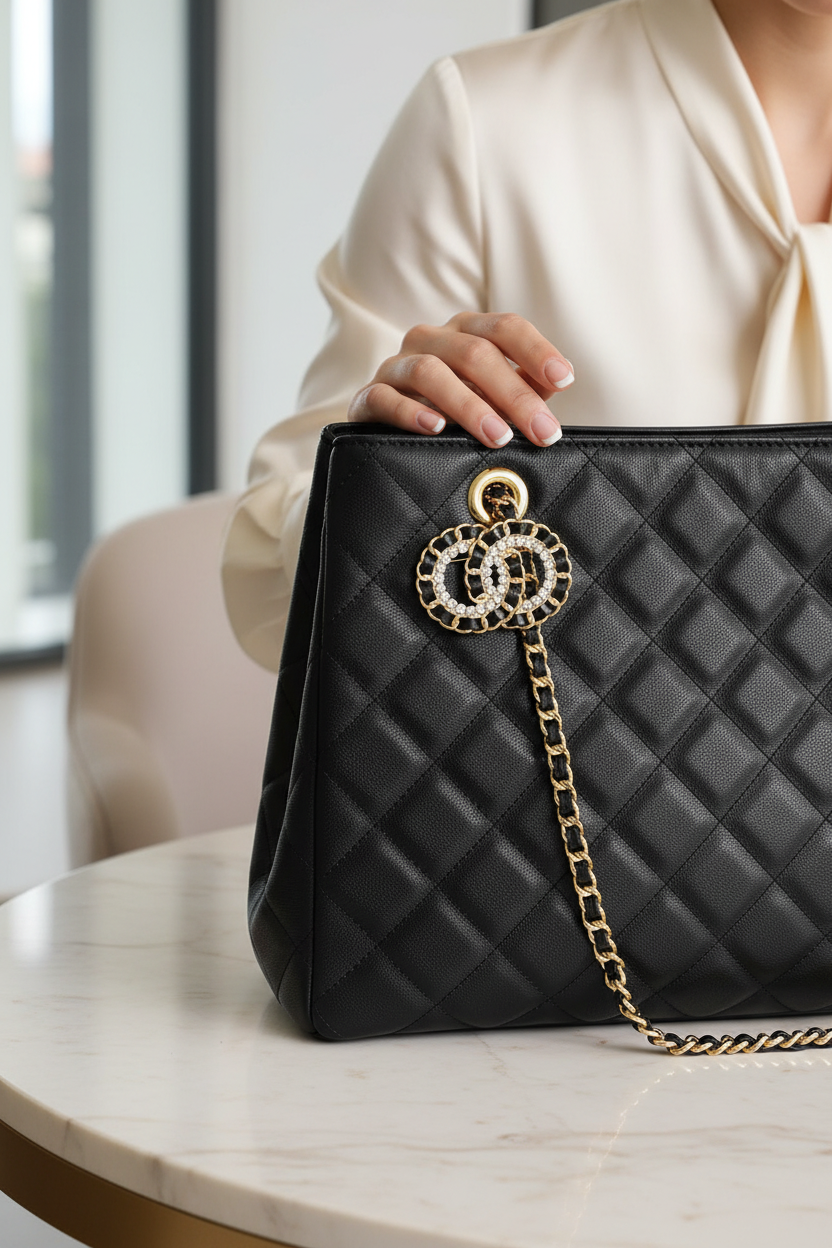 Crystal CC brooch attached to structured handbag as decorative embellishment