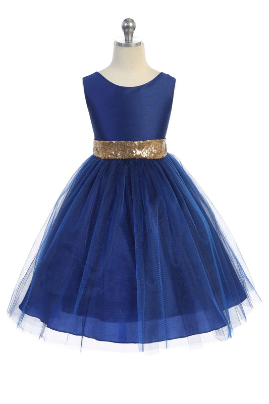 Girls' Royal Blue Gold Sequin Back V Dress